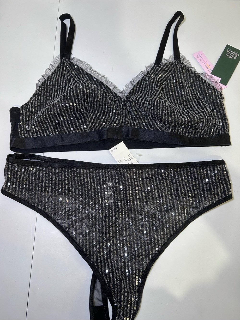 NWT Wild Fable Black Silver Sequin Bralette & Thong Set XXL